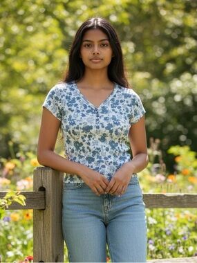 abercrombie kids Blue Floral Henley Short Sleeve Top